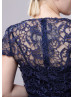 Cap Sleeves Navy Blue Lace Chiffon Flounced Prom Dress